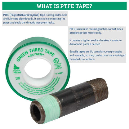 Gasoila Green PTFE Thread Seal Tape – Professional-Grade High-Density Thread Tape for Oxygen Lines – Leak-Proof Seal, Non-Toxic (1/2 Inch x 260 Inch Roll)