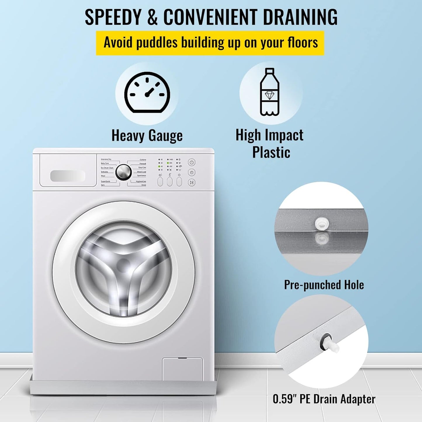 VEVOR 32 x 30 x 2.5 Inch Washing Machine Pan 18 GA Thickness Galvanized Steel Heavy Duty Compact Washer Drip Tray with Drain Hole & Hose Adapter
