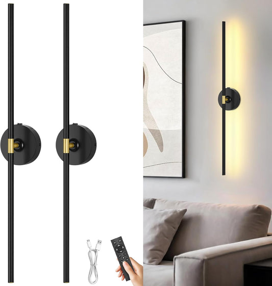 Battery Operated Wall Sconces Set of 2: 10000mAh Rechargeable Wall Lights for Living Room, Dimmable LED Wireless Wall Lamp 360° Rotate Modern Home Decor for Bedroom Hallway Picture Lighting Bathroom