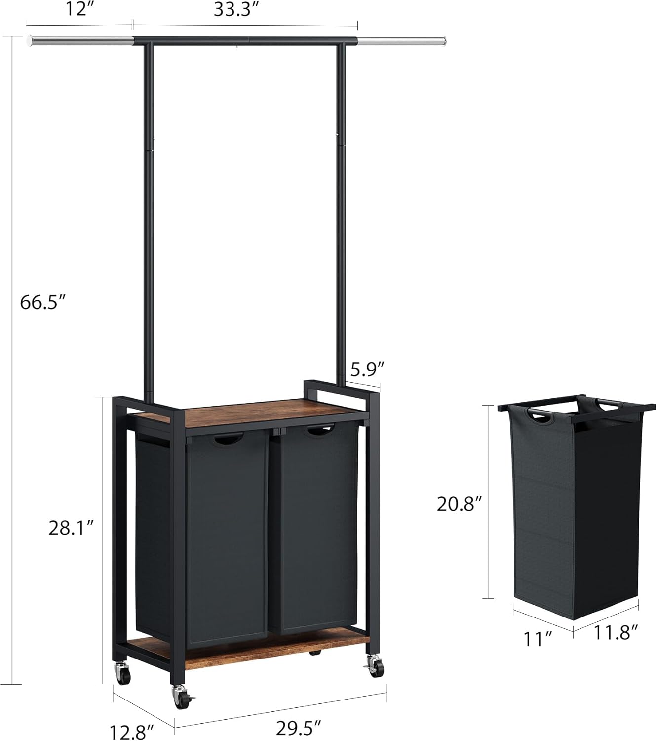 Laundry Basket Organizer, 2 Section Laundry Sorter with Lockable Wheels, Rolling Laundry Hamper with Hanging Rack & Shelf, Folding Station for Laundry Room, Bedroom, Bathroom, Dorm, Closet Storage