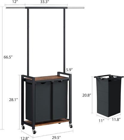 Laundry Basket Organizer, 2 Section Laundry Sorter with Lockable Wheels, Rolling Laundry Hamper with Hanging Rack & Shelf, Folding Station for Laundry Room, Bedroom, Bathroom, Dorm, Closet Storage