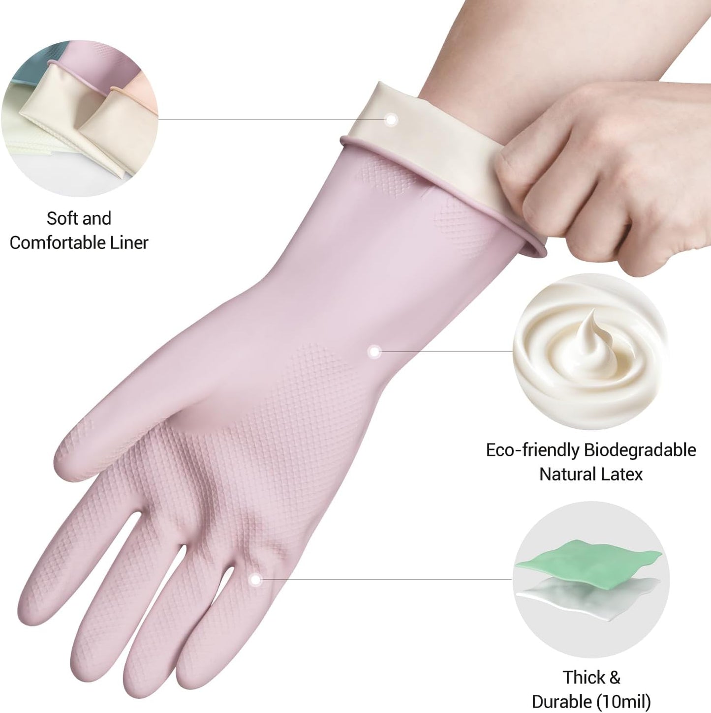 ThxToms 4 Pairs Reusable Dishwashing Cleaning Gloves,10 Mil Thick, 13" | Non-Slip Rubber Kitchen Gloves, Multi-Color, Ideal for Household, Bathroom, Pet Care & Gardening, Medium
