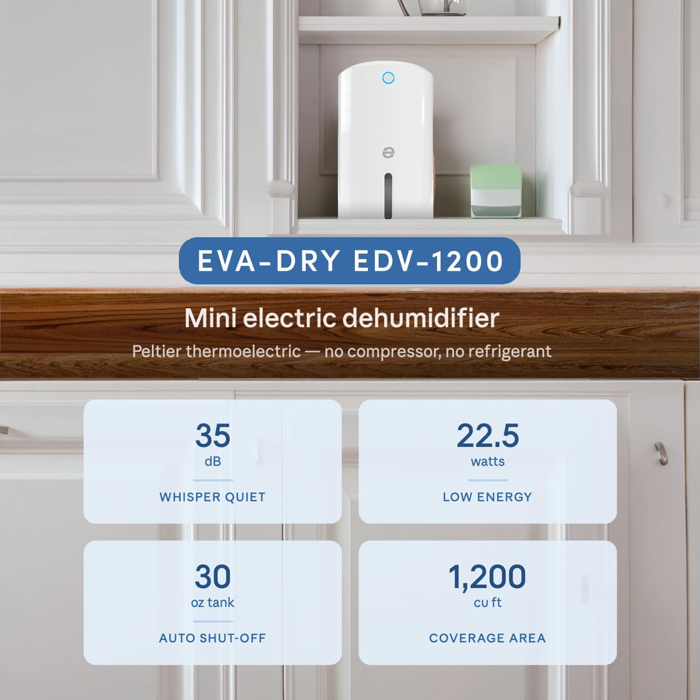 Eva-Dry EDV-1200 Mini Electric Dehumidifier – Up to 133 Sq Ft | Quiet Compact Peltier | Bathroom, Bedroom, Closet, RV & Small Spaces | Auto Shut-Off | 22.5W