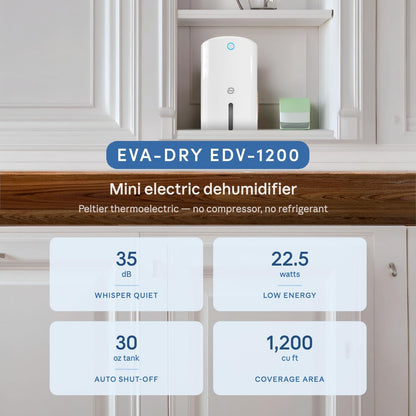 Eva-Dry EDV-1200 Mini Electric Dehumidifier – Up to 133 Sq Ft | Quiet Compact Peltier | Bathroom, Bedroom, Closet, RV & Small Spaces | Auto Shut-Off | 22.5W