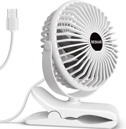 BESKAR Clip on Fan, Portable Small Desk Fans with Strong Airflow, 3 Speeds with Personal Fans Sturdy Clamp, Quiet Desk Fan & Clip Fan with USB Cord Powered - No Battery