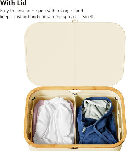 SpaceAid Double Laundry Hamper 2 Section with Lid and Removable Laundry Bags, 160L Clothes Basket with Bamboo Handles, Large Collapsible Hamper for Bedroom, Bathroom, Dorm, Laundry Room - White