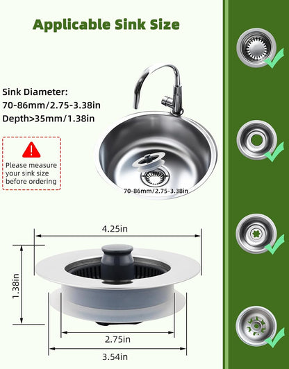 All Metal Sink Drain Strainer for Kitchen Sink, Universal Fit | Pop Up 3-in-1 Sink Stopper Drainer, 304 Stainless Steel Basket for US Standard 3-1/2 inch Drain Filter, Anti-clog
