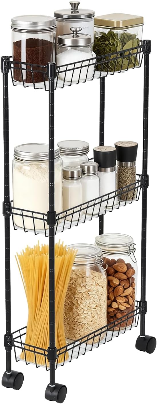Slim Storage Cart 3 Tier, Bathroom Organizer Rolling Utility Adjustment Shelf for Small Spaces, Kitchen, Dining Room, Living Room, Bathroom, Black