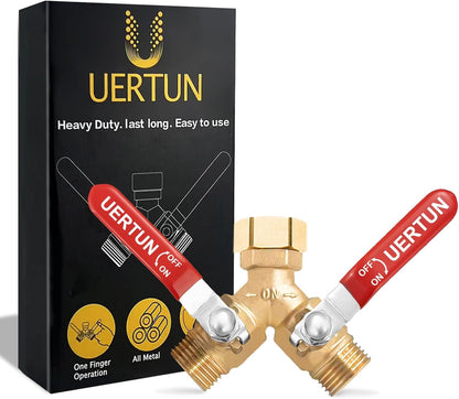 2 Way Garden Hose Splitter Heavy Duty Brass, Y Hose Splitter with Extra Long Handles for Easy Shut Off, Metal Water Spigot Adapter Fits Standard 3/4" GHT Faucet