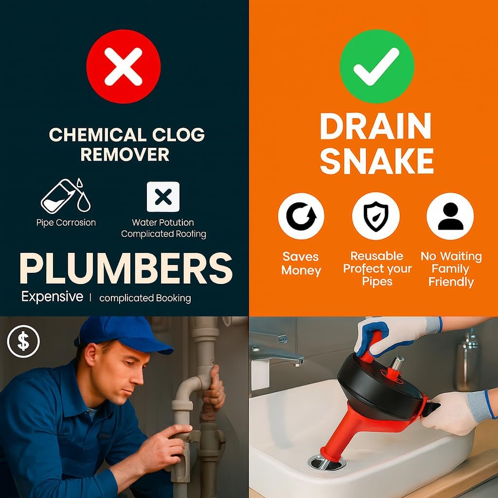 42 FT Drain Snake Hair Drain Clog Remover, Manual Or Powered, Plumbing Snake With Drill Adapte,Unclog Sink Drain Tool, Drain Auger for Toilet、Shower、Kitchen、Sink, No Auto Retract Or Feed, Red