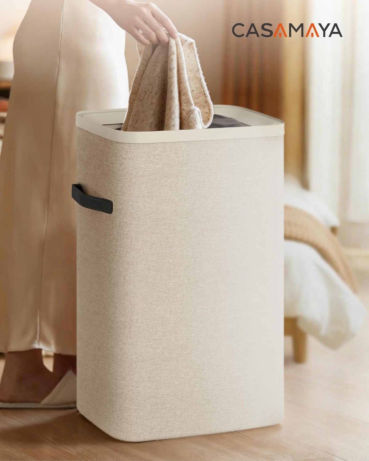 CASAMAYA Laundry Basket with Lid, Laundry Hamper 3 Section, 190L collapsible Laundry Organizer, Easy Assembly, with Handles and Removable Liners, 25.2 x 15.7 x 29.5 Inches, Beige JSP904M