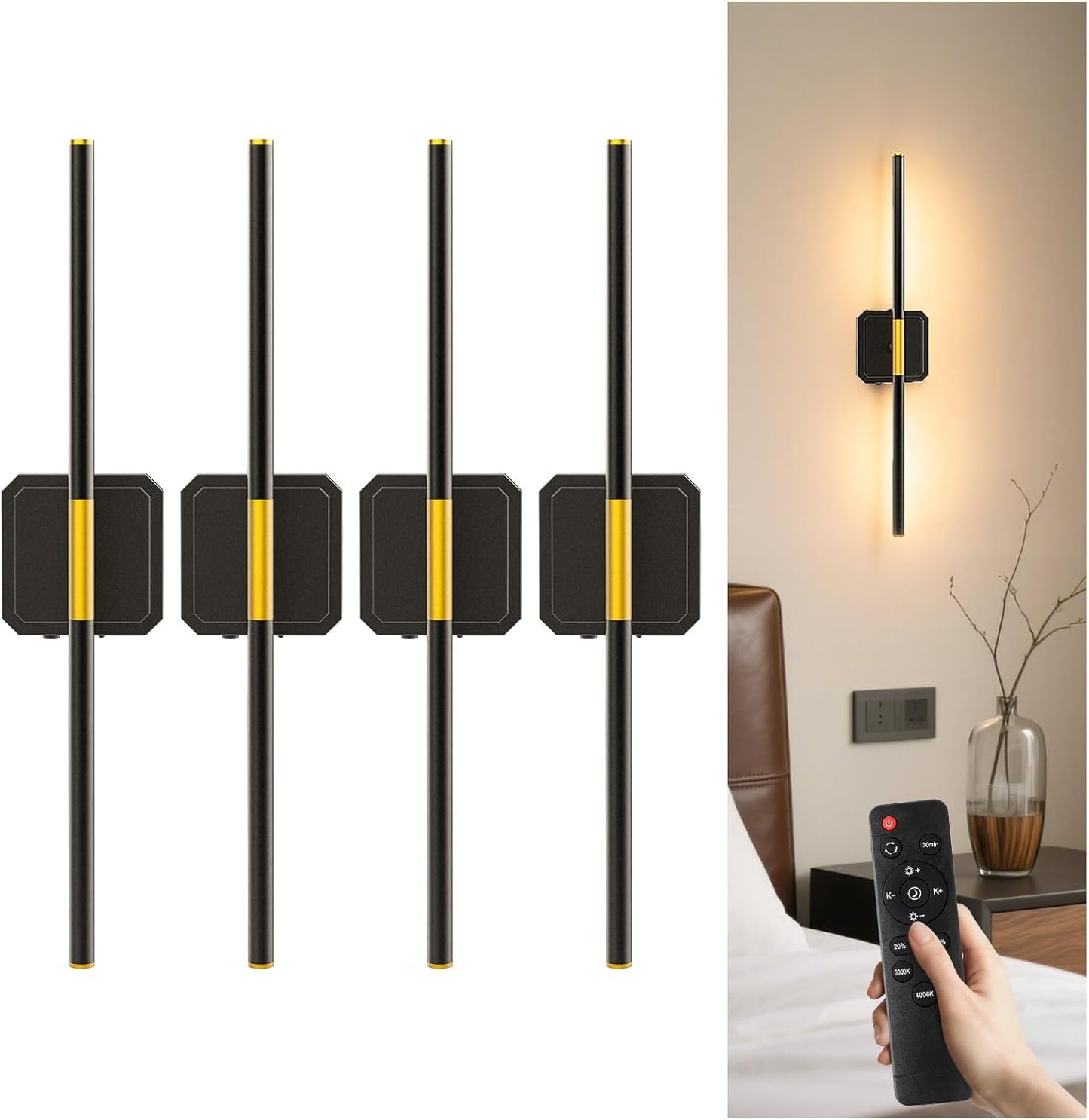 GvvooHome Battery Operated Wall Sconces Set of 2, Detachable 360°Rotate Wall Lamps, 3000-6500K Dimmable with Remote Control, 10000mAh Rechargeable Wall Light for Bedroom, Living Room, 28.3" Black Gold