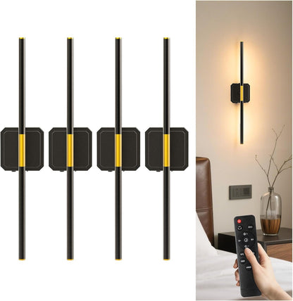 GvvooHome Battery Operated Wall Sconces Set of 2, Detachable 360°Rotate Wall Lamps, 3000-6500K Dimmable with Remote Control, 10000mAh Rechargeable Wall Light for Bedroom, Living Room, 28.3" Black Gold
