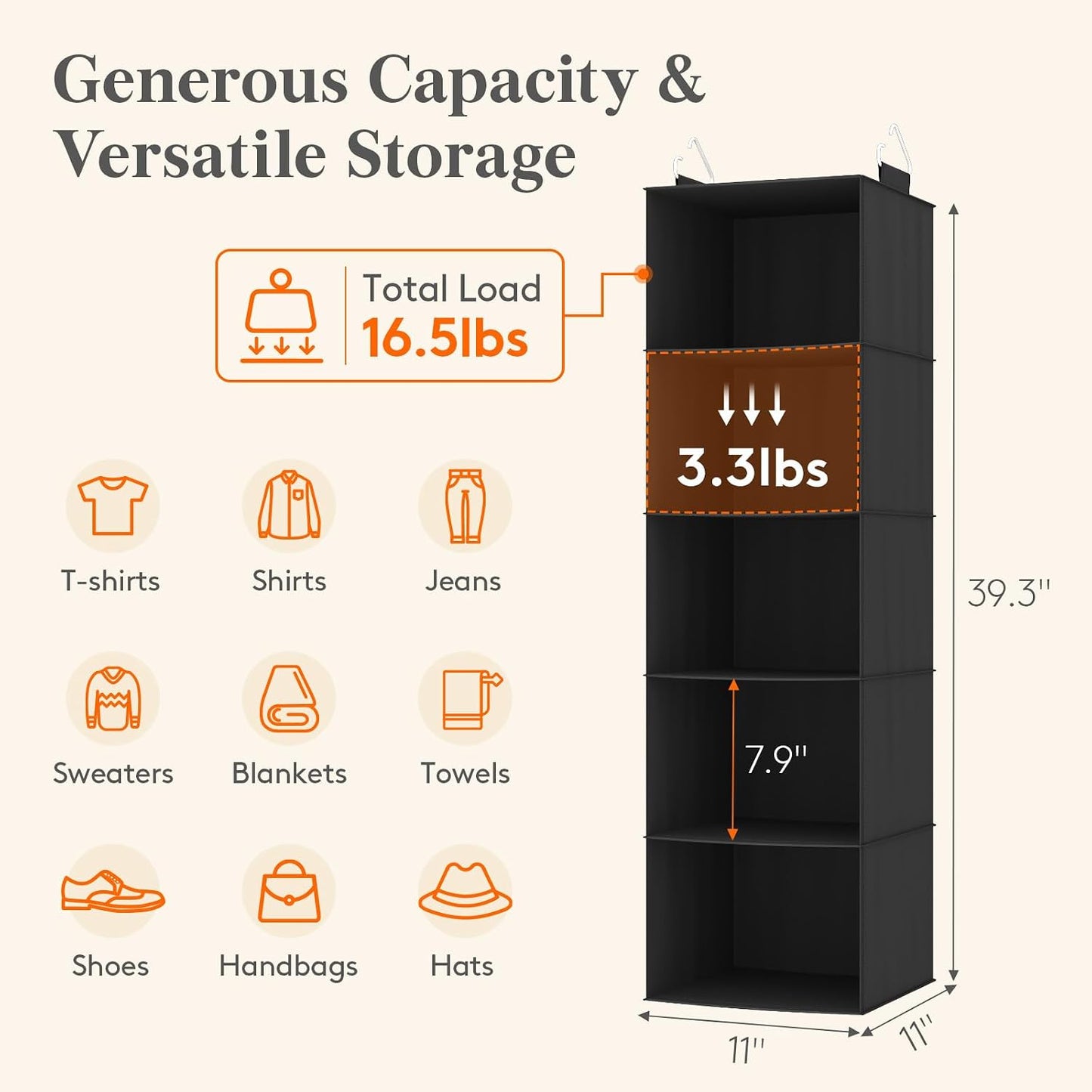 Lifewit 5 Tier Hanging Closet Organizer and Storage for Shelves, Foldable Clothes Shelf with 2 Sturdy Hooks, Sweater/Coat/Shoes Clothing Organization for Wardrobe, Dorm, Bedroom, Gray