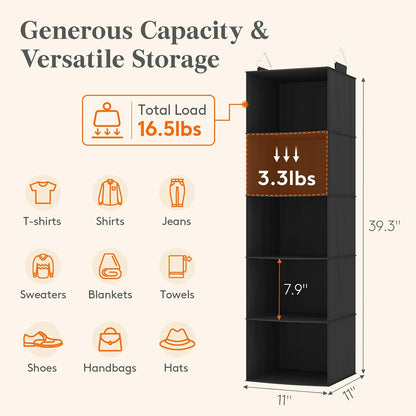 Lifewit 5 Tier Hanging Closet Organizer and Storage for Shelves, Foldable Clothes Shelf with 2 Sturdy Hooks, Sweater/Coat/Shoes Clothing Organization for Wardrobe, Dorm, Bedroom, Gray