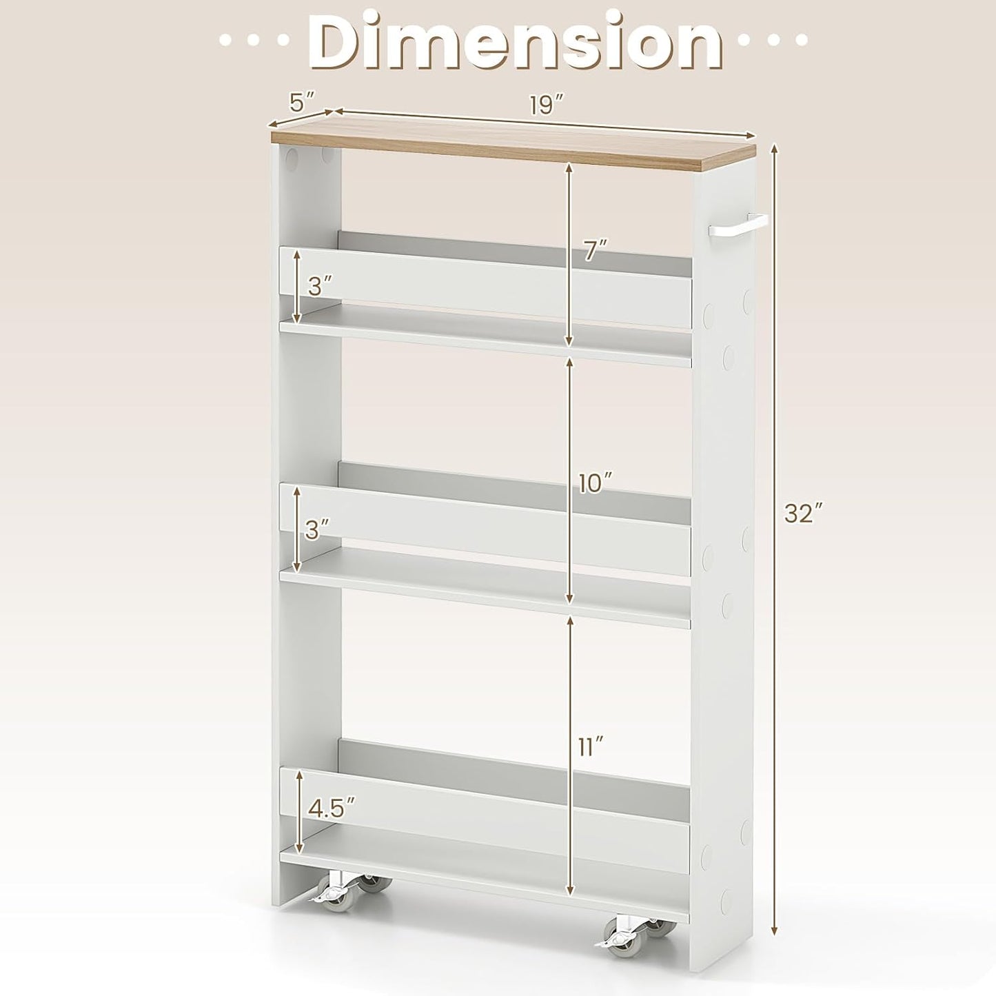 COSTWAY Slim Rolling Storage Cart, 4-Tier Rolling Utility Cart, Wood Kitchen Storage Cart with Handle & Wheels, Narrow Rolling Shelving Unit for Kitchen Bathroom Laundry Small Places (Plain White)