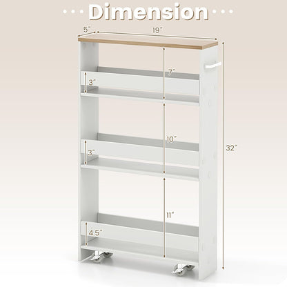 COSTWAY Slim Rolling Storage Cart, 4-Tier Rolling Utility Cart, Wood Kitchen Storage Cart with Handle & Wheels, Narrow Rolling Shelving Unit for Kitchen Bathroom Laundry Small Places (Plain White)