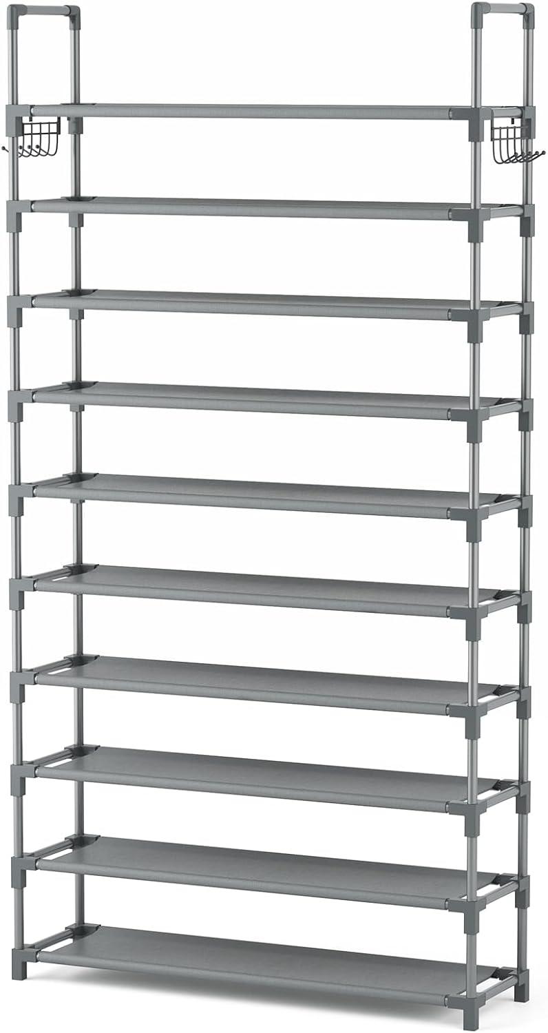 VTRIN 10 Tiers Tall Shoe Rack Holds 20-25 Pairs of Shoes Sturdy Vertical Shoe Organizer with 18pcs Hooks Stackable Narrow Shoe Rack for Closet, Entryway Black