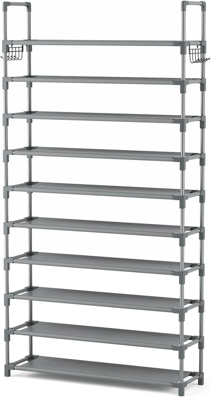 VTRIN 10 Tiers Tall Shoe Rack Holds 20-25 Pairs of Shoes Sturdy Vertical Shoe Organizer with 18pcs Hooks Stackable Narrow Shoe Rack for Closet, Entryway Black