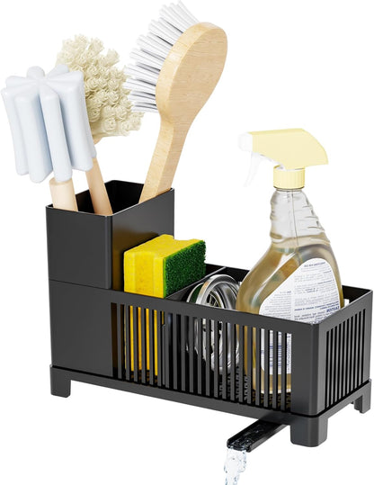 Sink Caddy & Kitchen Sink Organizer,Black Sponge Holder with High Scrub Brush Holder,Plastic Kitchen Countertop Organizer,Multifunctional Sponge Drain Rack,Dish Soap,Dish Sponge Holder,Soap Dispenser