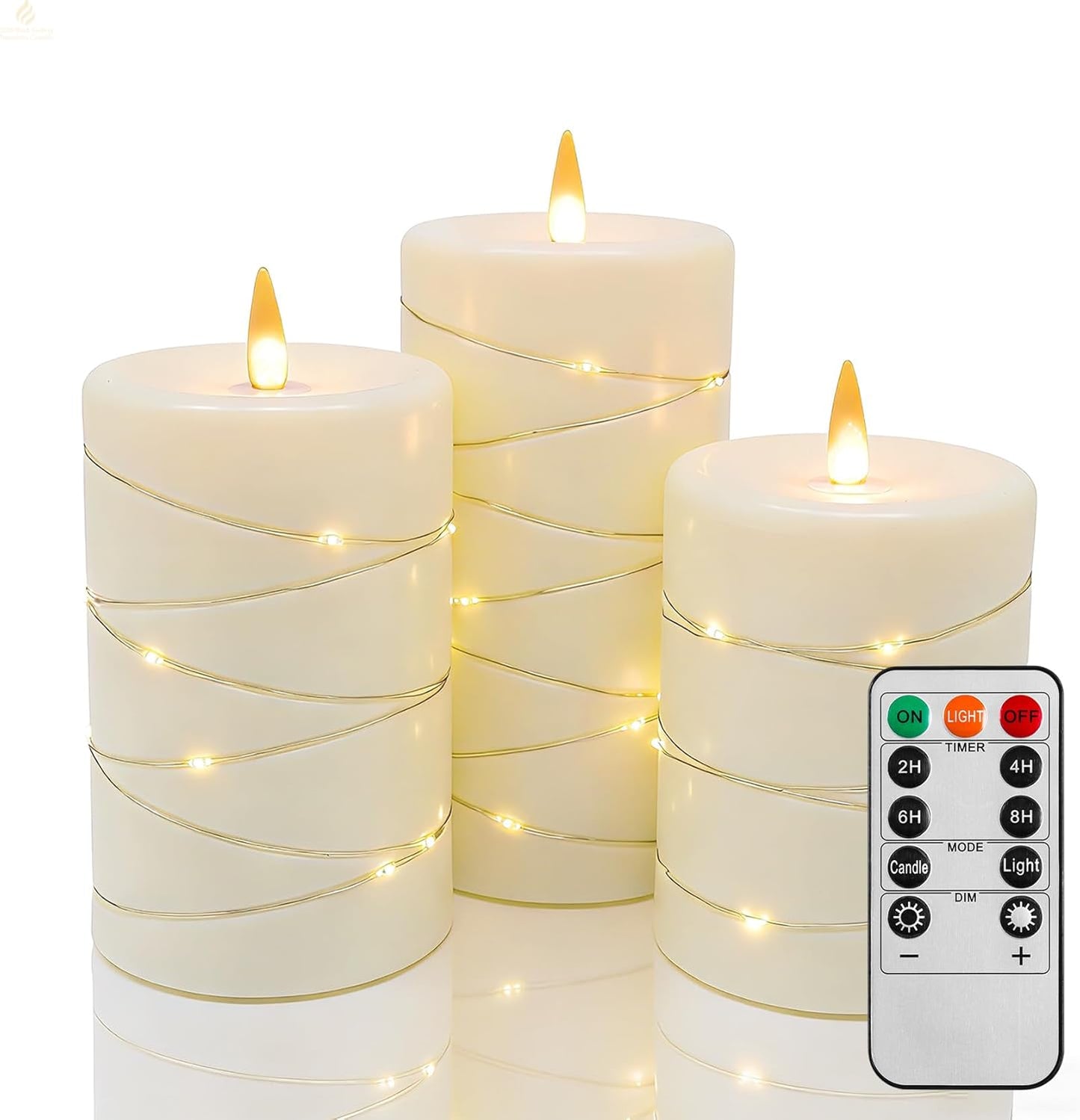 Flickering flameless candles, battery-powered, with string lights, remote control and timer functions, LED pillar candles (3-piece set) in ivory, suitable for home, party, and other decorations