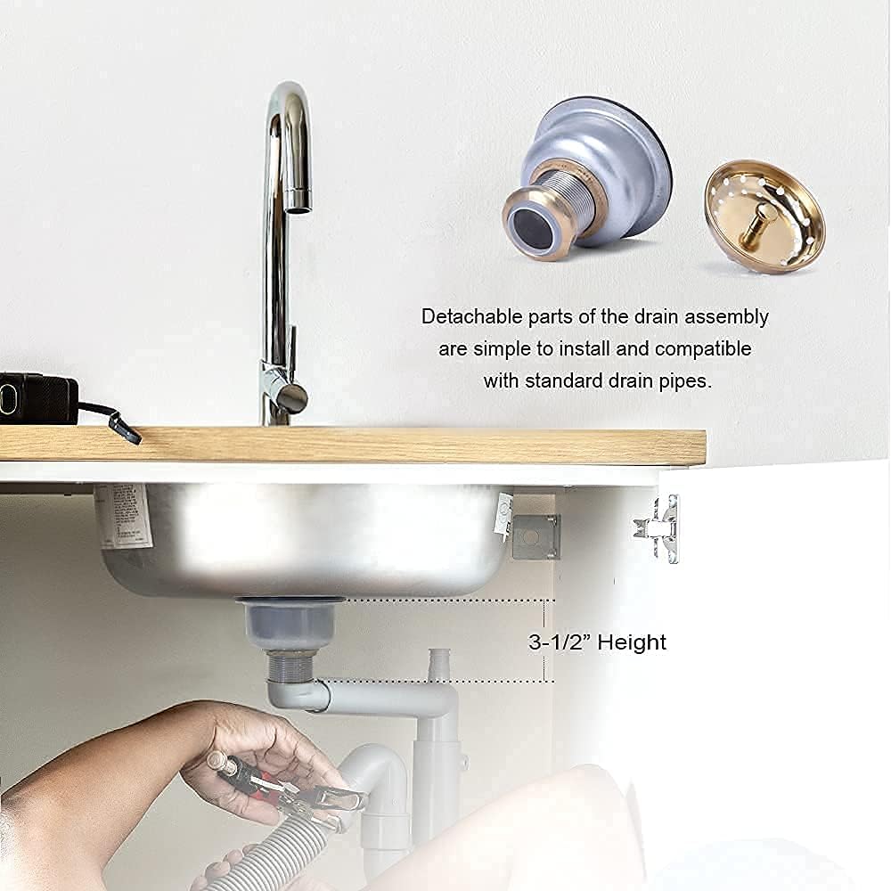 3-1/2 Deep Cup Kitchen Sink Drain Assembly, 304 Stainless Steel Construction With Fixed Post Basket and Long Extended Shank/CAS Approved and White Finish