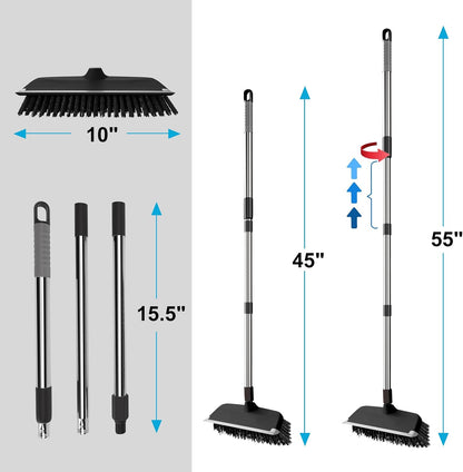 ITTAR Floor Scrub Brush with 55" Long Handle, 10" Wide Stiff Bristles Deck Brush, Stainsless Steel Pole Heavy-Duty Cleaning Brush, 2-in-1 Scrubber with Ruber Squeegee for Deck, Patio, Pool, Tile, Wall