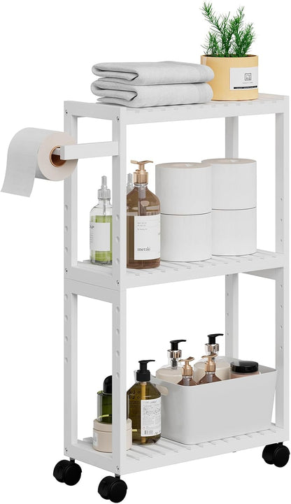 RRX Toilet Paper Holder with 3 Tier,16.14''Dx7.08''Wx28.35''H (Beige) | Small Bathroom Rolling Bamboo Mobile Storage Corner Shelf Cabinet for Narrow Spaces, Freestanding Slim Kitchen Organizer