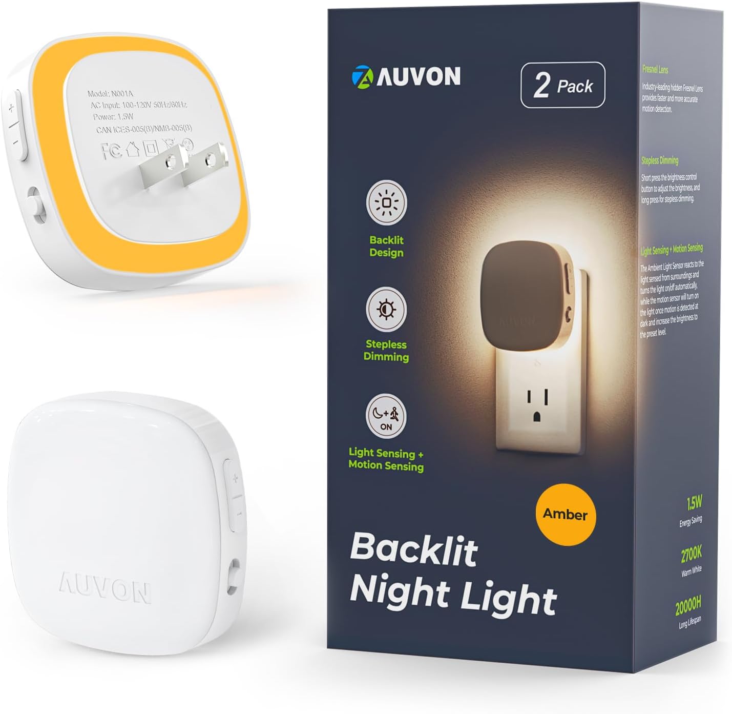 AUVON Plug-in LED Backlit Night Light with Motion Sensor & Dusk to Dawn Sensor, Dimmable Warm White Nightlight with 1-50 lm Adjustable Brightness for Bathroom, Bedroom, Hallway, Stairs (2 Pack)