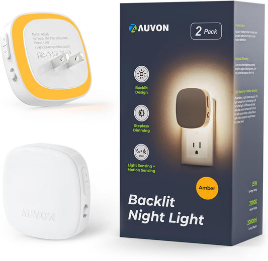 AUVON Plug-in LED Backlit Night Light with Motion Sensor & Dusk to Dawn Sensor, Dimmable Warm White Nightlight with 1-50 lm Adjustable Brightness for Bathroom, Bedroom, Hallway, Stairs (2 Pack)