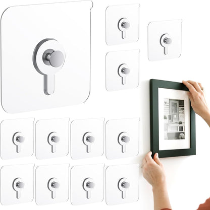 20 Pcs Adhesive Picture Hooks, 20 Ibs Load Heavy Duty Self Adhesive Wall Hooks for Hanging, Waterproof Picture Hangers Without Nails for Bathroom Kitchen, Transparent Sticky Hooks for Frames