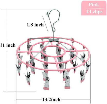Stainless Steel Clothes Sock Drying Rack with 24 Clips, Swivel Hook Windproof Clothes Hanger Rack for Sock, Bras, Towel, Underwear, Laundry Clothes, Hat, Scarf, Pants, Gloves (Pink Clips)