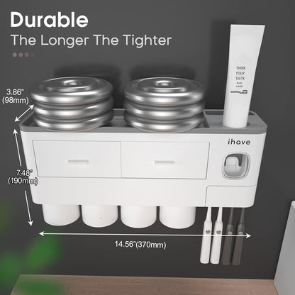 iHave Toothbrush Holders for Bathrooms, 2 Cups Toothbrush Holder Wall Mounted with Toothpaste Dispenser - Large Capacity Tray, Cosmetic Drawer - Tooth Brushing Holder & Bathroom Accessories