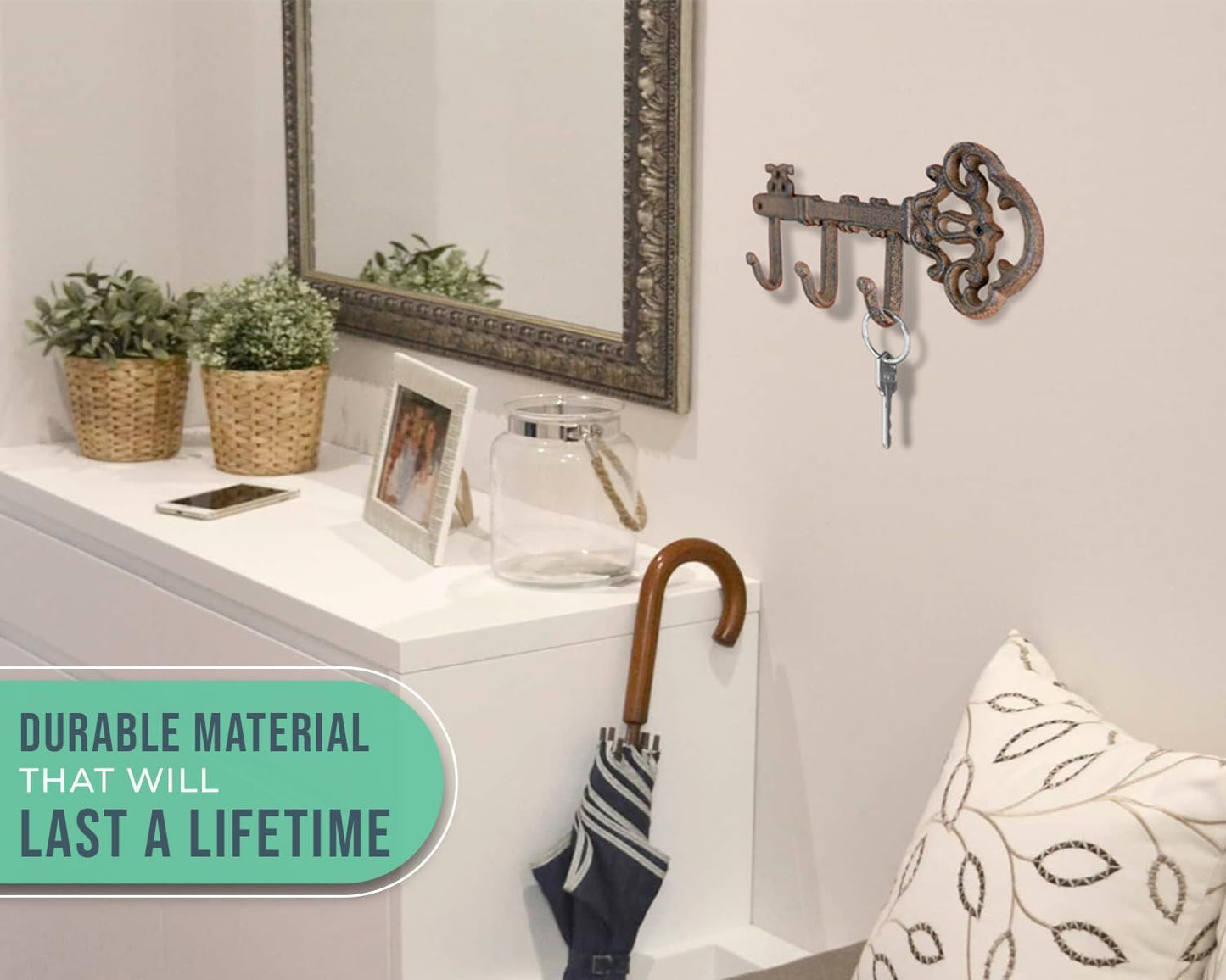 Comfify Brown Cast Iron Skeleton Key Wall Hook – 3 Hooks, 10.8" L | Brown; cast iron; 10.8"L x 2"W x 4.7"H; 3 hooks; KEYS embossed; matching brown screws; farmhouse entryway decor