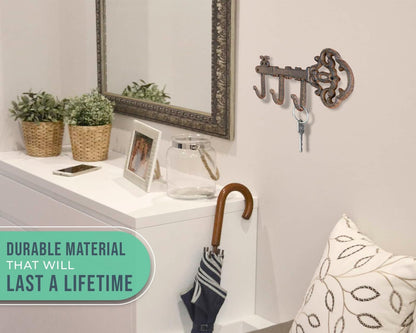 Comfify Brown Cast Iron Skeleton Key Wall Hook – 3 Hooks, 10.8" L | Brown; cast iron; 10.8"L x 2"W x 4.7"H; 3 hooks; KEYS embossed; matching brown screws; farmhouse entryway decor