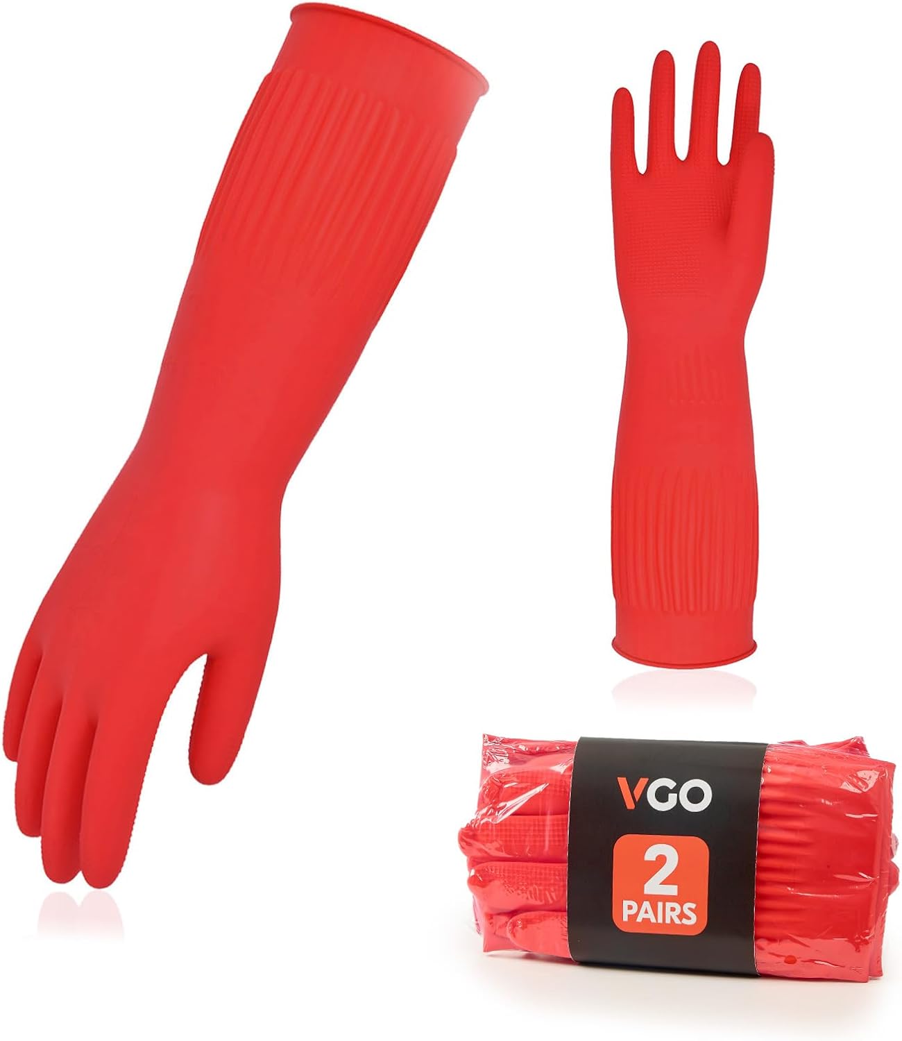 Vgo... 1-Pair Reusable Long Sleeve Thick Latex Dishwashing Gloves - Kitchen, Cleaning, Washing, Working, Painting, Gardening, Pet Care (Size M, Red, RB2143)