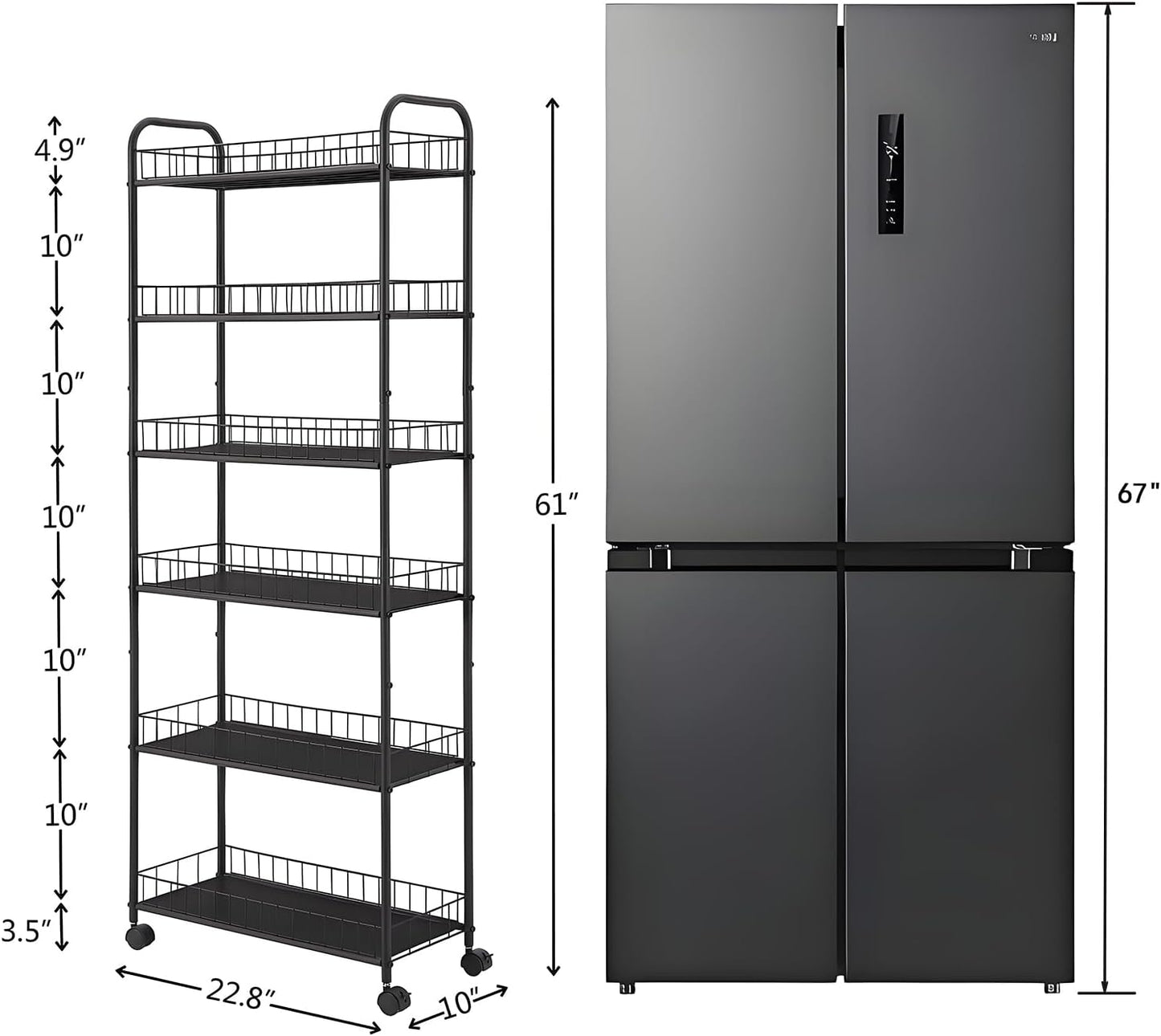 10in 6-Tier Slim Storage Cart with Wheels, Metal 10in Wide Black Narrow Rolling Shelf, Sturdy Slim Storage with Hooks Ideal for Kitchen, Bathroom, and Laundry Room