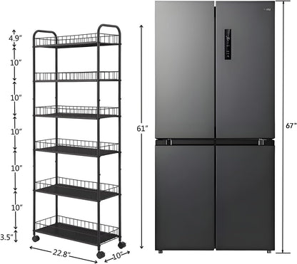 10in 6-Tier Slim Storage Cart with Wheels, Metal 10in Wide Black Narrow Rolling Shelf, Sturdy Slim Storage with Hooks Ideal for Kitchen, Bathroom, and Laundry Room