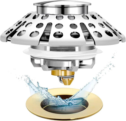 Anlige Bathroom Sink Drain Strainer, 2PCS 3 in 1 Pop Up Bathroom Sink Stopper with Removable Brass Basket Hair Catcher, Universal Sink Plug for 1.06 to 1.6in Drain Hole, Chrome Silver