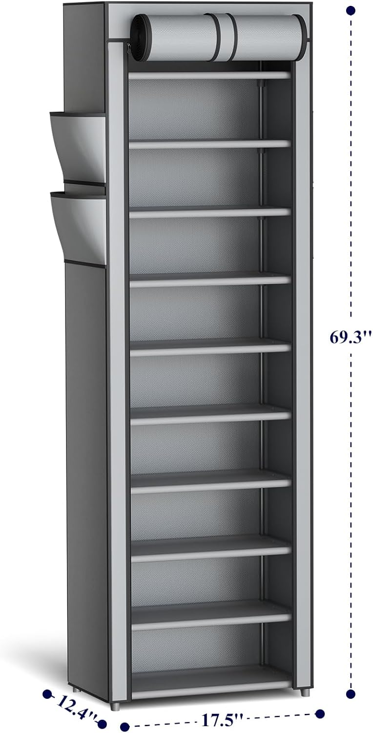 Kitsure Shoe Rack - 10-Tier Large Capacity Shoe Organizer Shelf with Dust Cover & Side Pockets, Rust-Proof Metal Shoe Rack for Closet, Entrance, Living Room, 17.5" x 12.4" x 69.3", Black
