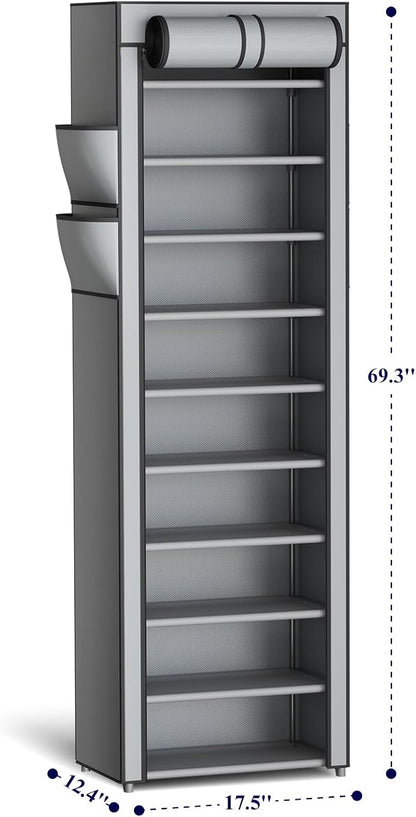 Kitsure Shoe Rack - 10-Tier Large Capacity Shoe Organizer Shelf with Dust Cover & Side Pockets, Rust-Proof Metal Shoe Rack for Closet, Entrance, Living Room, 17.5" x 12.4" x 69.3", Black
