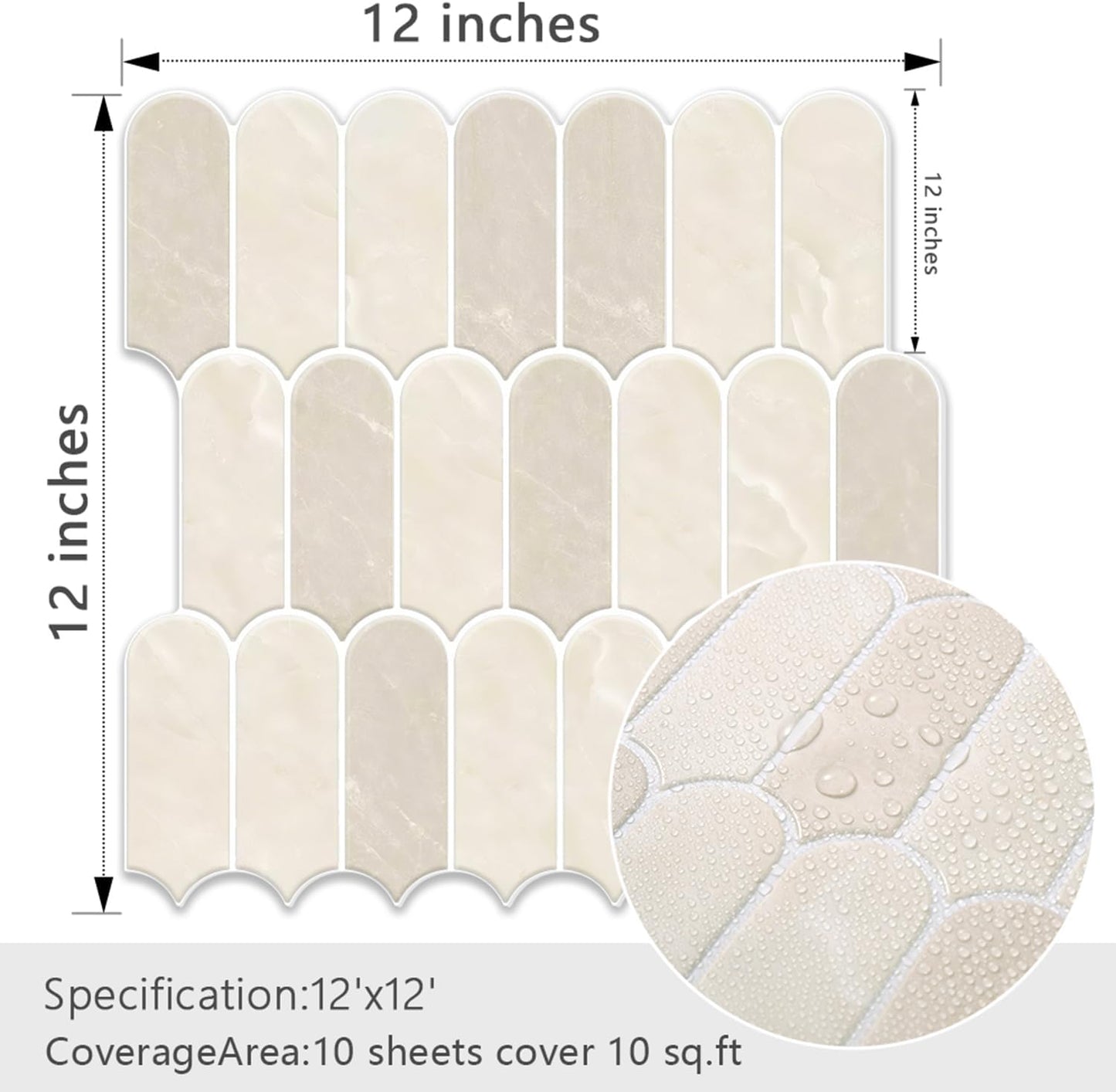 Peel and Stick Backsplash for Kitchen 12 x 12 in, Beige, 10PCS | Self Adhesive, Waterproof, Vinyl, Renter Friendly, 3D Wall Tiles for Bathroom, Shower, Laundry Room