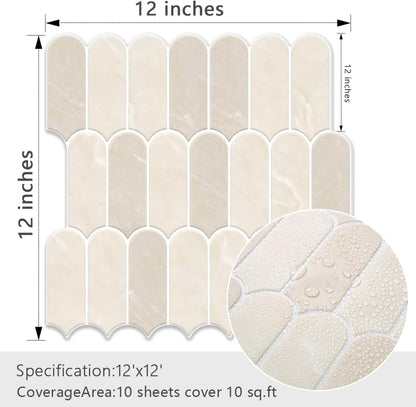 Peel and Stick Backsplash for Kitchen 12 x 12 in, Beige, 10PCS | Self Adhesive, Waterproof, Vinyl, Renter Friendly, 3D Wall Tiles for Bathroom, Shower, Laundry Room
