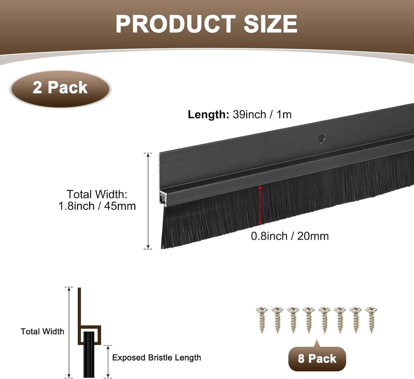 M METERXITY 2Pack Door Sweep - 39" Door Bottom Brush Heavy Duty Seal Draft Stopper Aluminum Base with 50mm Brush, Adhesive/Screw Installation for Interior/Exterior/Garage/Sliding Doors, Black