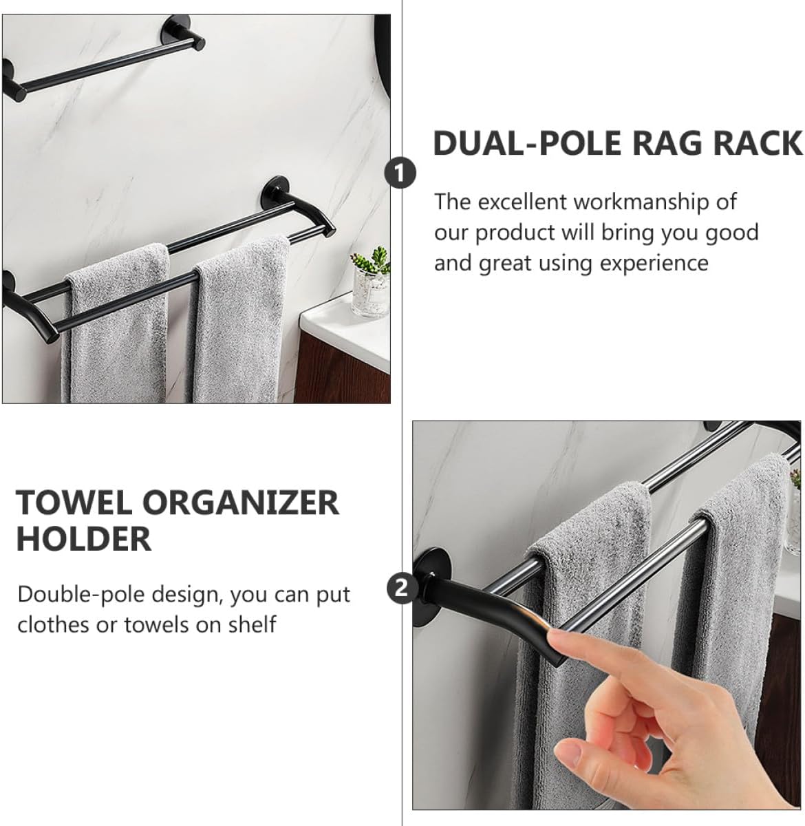 Luxshiny Punch-Free Aluminum Alloy Dual-Pole Towel Holder 40cm Black, Bathroom and Kitchen Wall-Mounted Storage Rack for Hand Towels and Cleaning Cloths