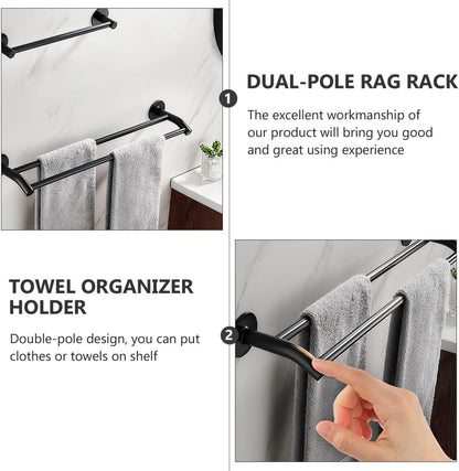 Luxshiny Punch-Free Aluminum Alloy Dual-Pole Towel Holder 40cm Black, Bathroom and Kitchen Wall-Mounted Storage Rack for Hand Towels and Cleaning Cloths