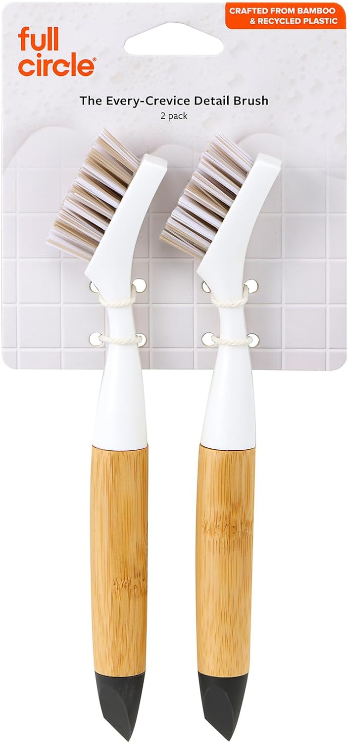 Full Circle Micro Manager, Deep Cleaning Brush for Crevices, Shower, & Grout, Tough Bristles, Sustainable Bamboo Handle, White