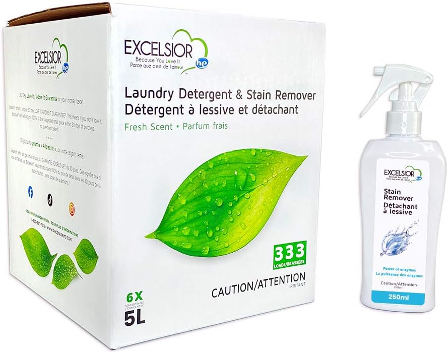 Excelsior HE Laundry Detergent Liquid Fresh Scent Concentrated 333 Loads 5 Liter With Natural Stain Remover, High Efficiency Washing Detergent Laundry Soap Bulk Works In All Washers Fresh Scent