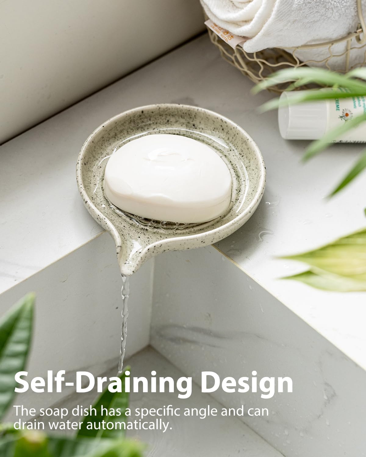 Self Draining Soap Dish, Ceramic Drain Soap Holder Waterfall Design Soap Saver for Shower, Bathroom, Sink, Kitchen and Countertop, Keeps Dry, Green