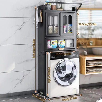 Above Washing Machine Shelf with with Flip-Top Door, Multi-Story Floor Laundry Room Storage Rack with Drying Rod and 4 Hooks for Laundry Room(White)